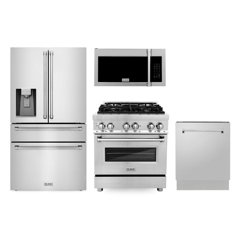 ZLINE Kitchen Package with Water and Ice Dispenser Refrigerator, 30 in. Dual Fuel Range, 30 in. Over the Range Microwave and 24 in. Tall Tub Dishwasher (4KPRW-RAOTRH30-DWV) 4KPRWRAOTRH30DWV