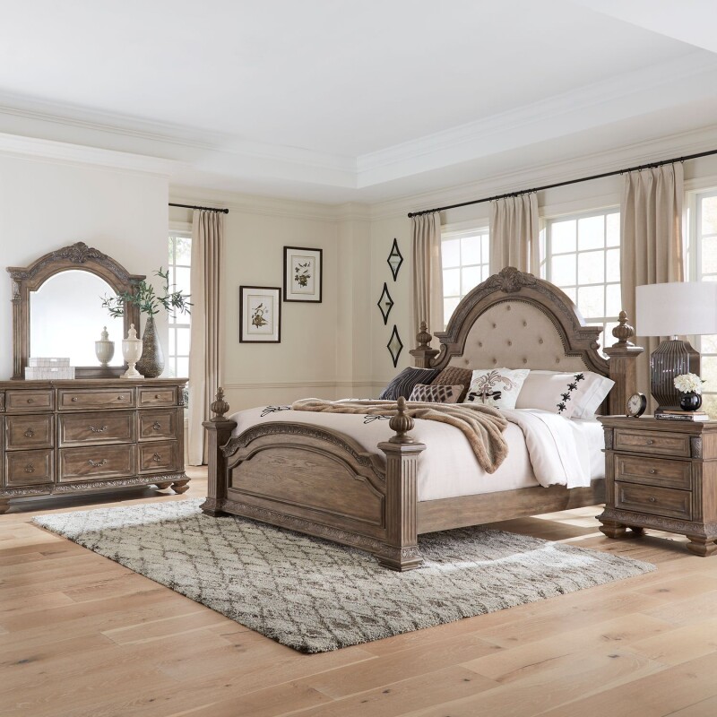 Carlisle Court King Poster Bed, Dresser & Mirror, Night Stand 502BRKPSDMN