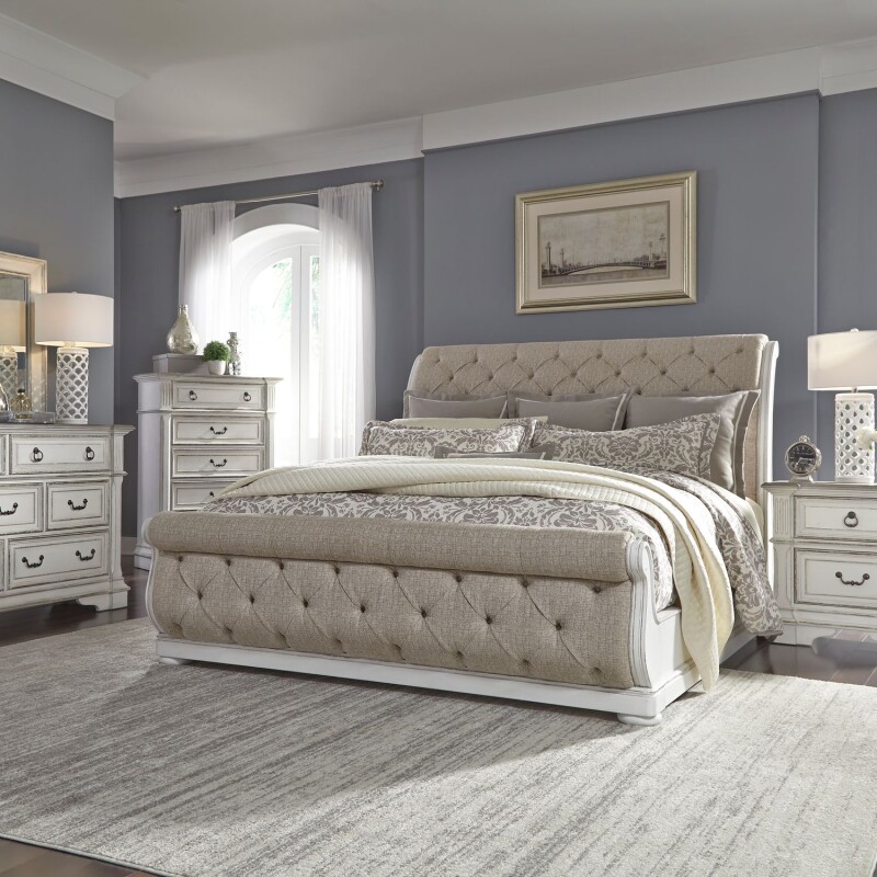 Abbey Park King Uph Sleigh Bed, Dresser & Mirror, Chest, Night Stand 520BRKUSLDMCN