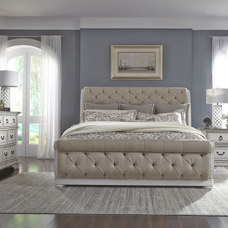 Abbey Park King Uph Sleigh Bed, Dresser & Mirror, Night Stand 520BRKUSLDMN