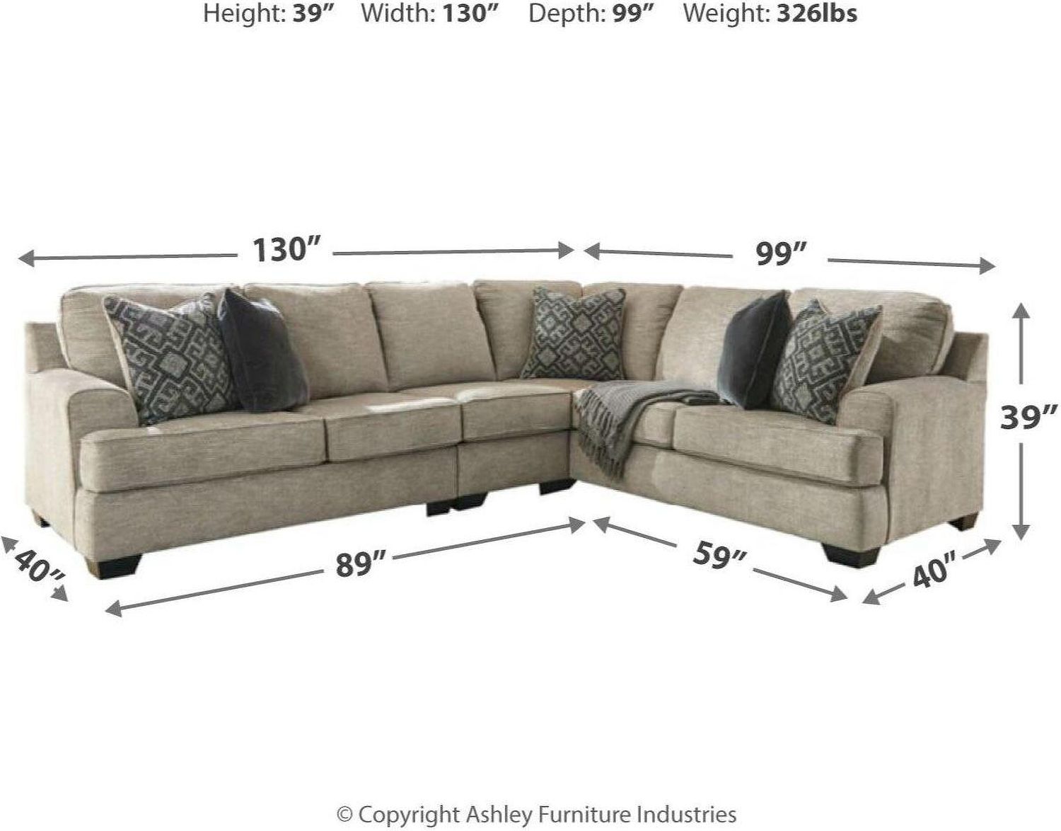 Bovarian 3-Piece RAF Sectional In Stone 56103S2