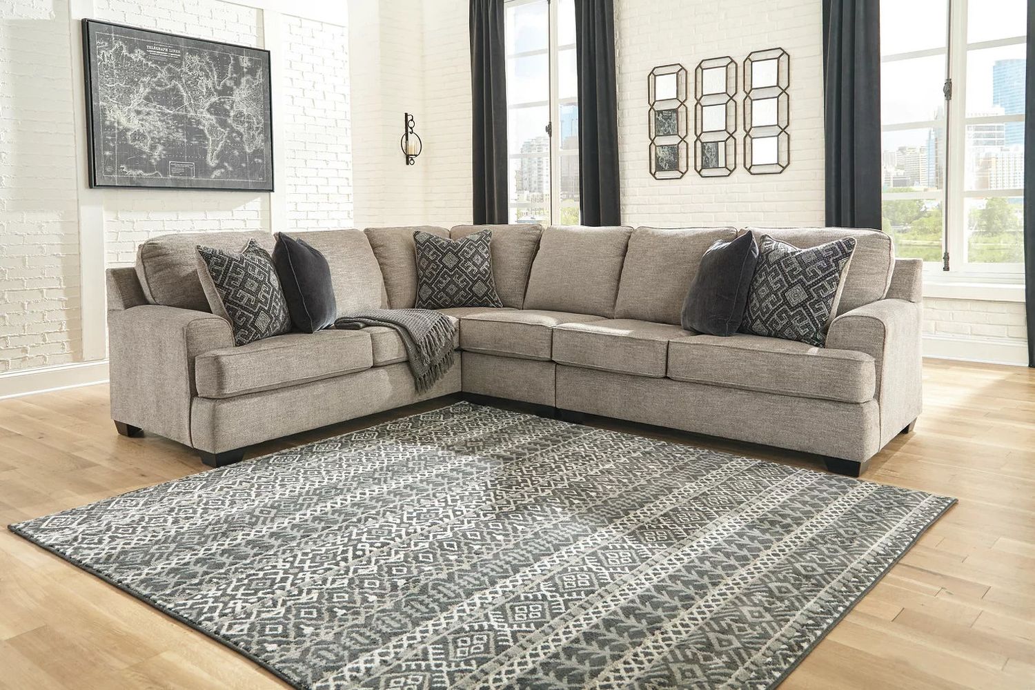 Bovarian 3-Piece Sectional and Ottoman In Stone 56103U3
