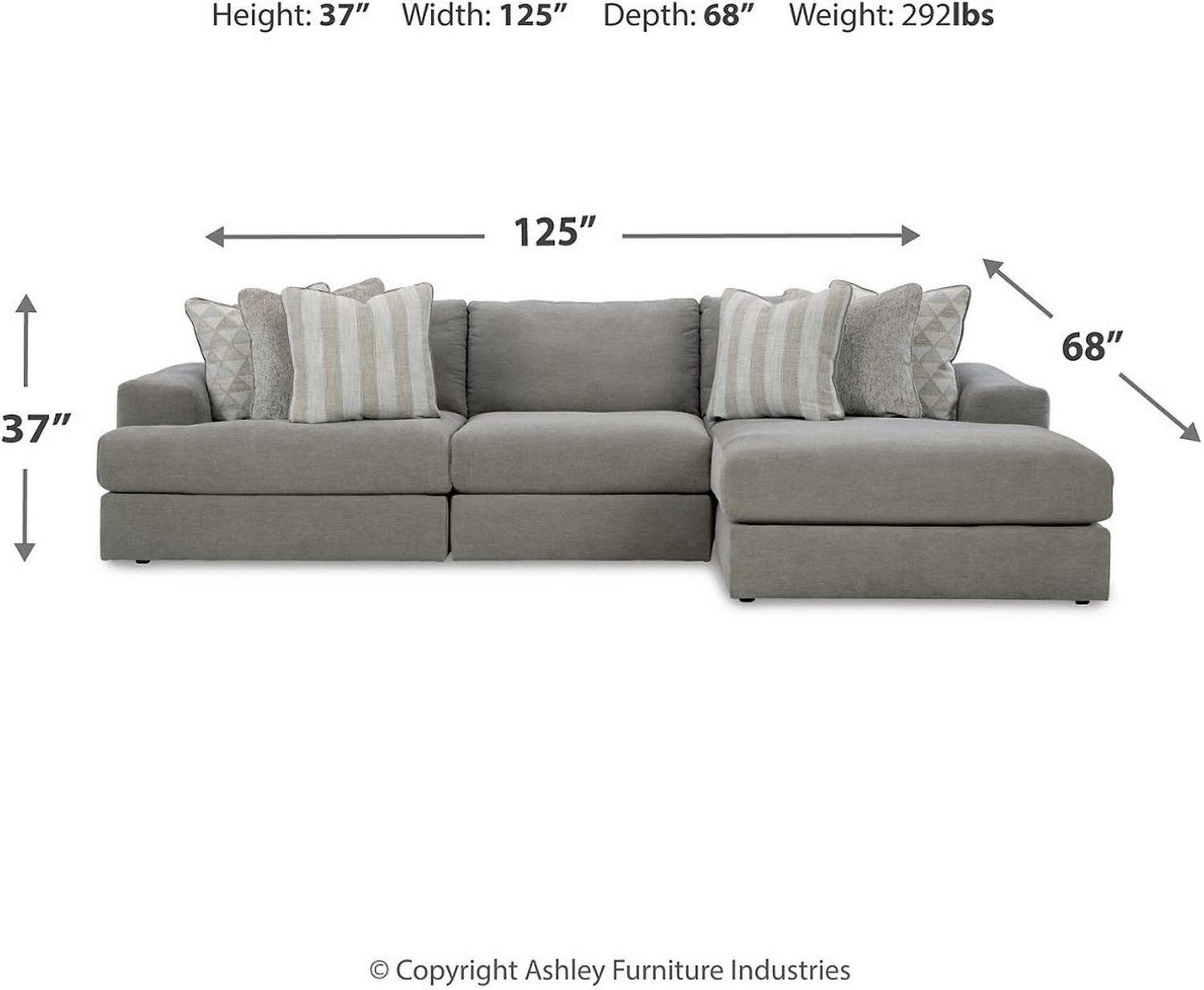 Avaliyah 3-Piece RAF Sectional With Chaise In Ash 58103S4