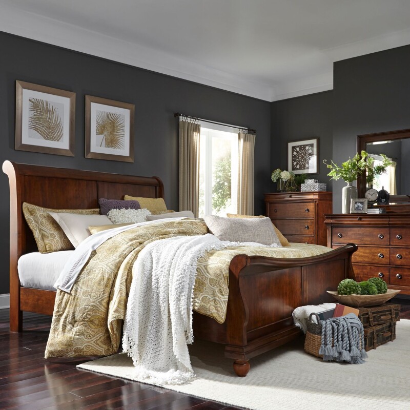 Rustic Traditions King Sleigh Bed, Dresser & Mirror, Chest 589BRKSLDMC