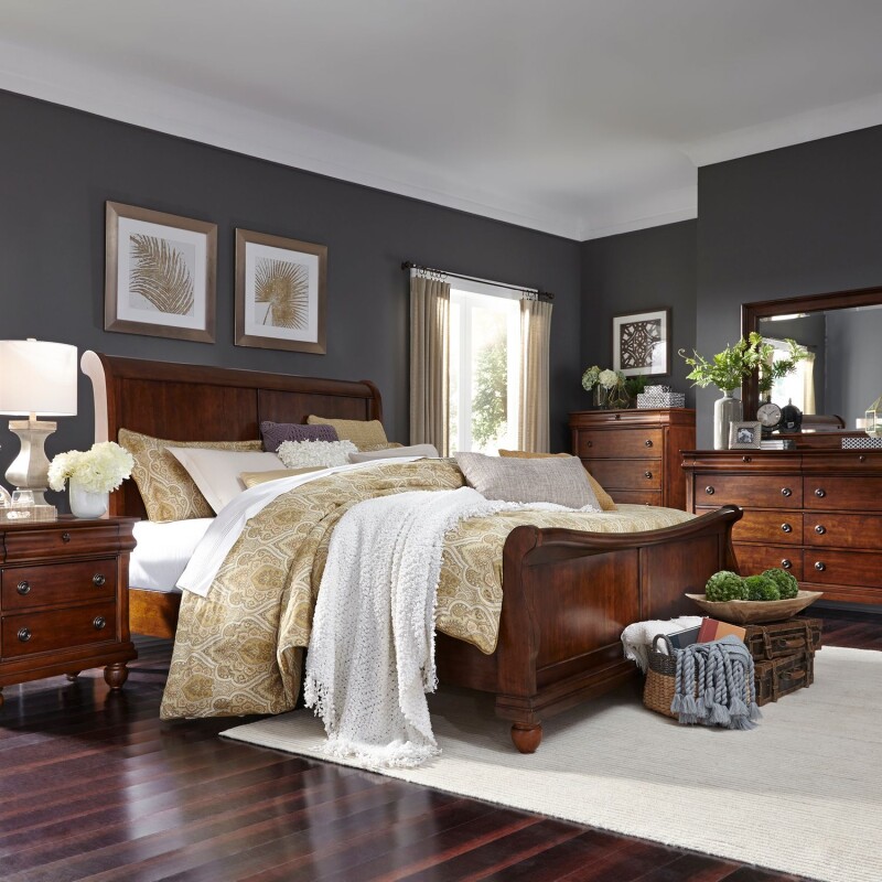 Rustic Traditions King Sleigh Bed, Dresser & Mirror, Chest, Night Stand 589BRKSLDMCN