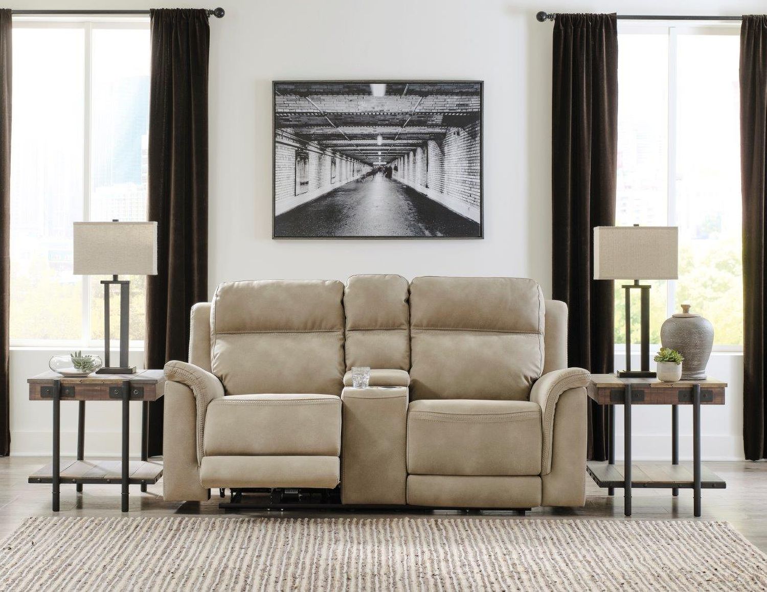 Next-Gen Durapella Power Reclining Console Loveseat With Adjustable Headrest In Sand 5930218