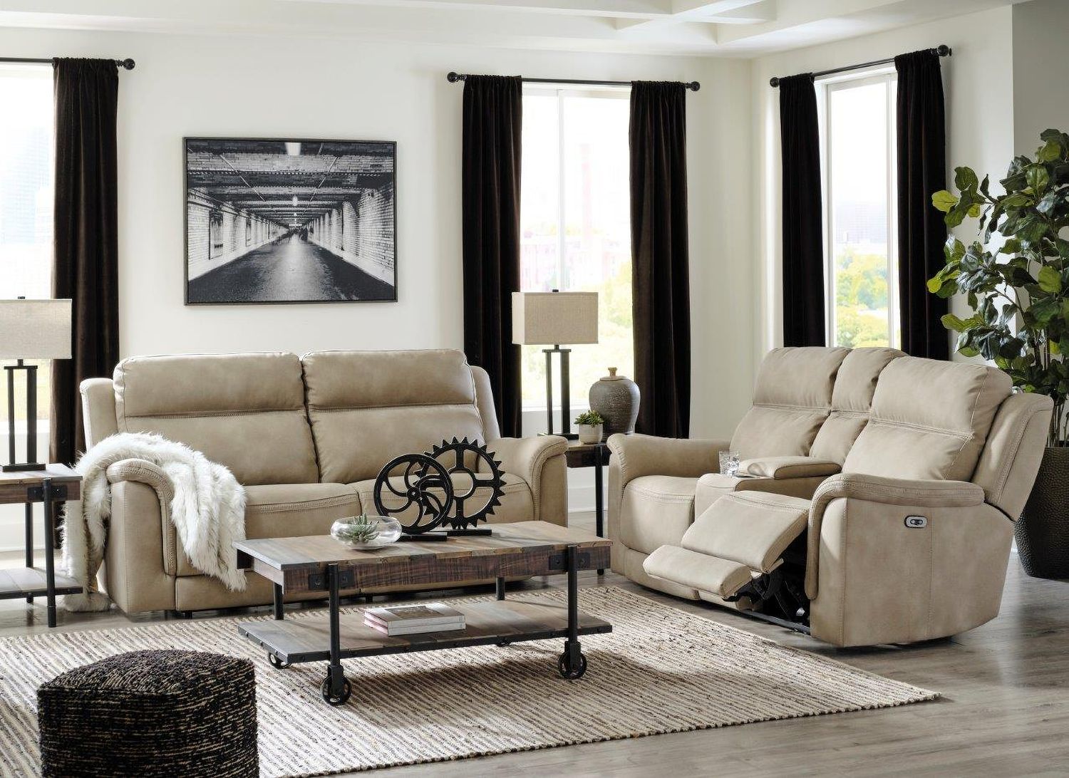 Next-Gen Durapella Power Reclining Console Loveseat With Adjustable Headrest In Sand 5930218