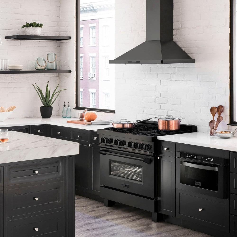 Kitchen Package with Black Stainless Steel Refrigerator, 36 in. Dual Fuel Range, 36 in. Range Hood, Microwave Drawer, and 24 in. Tall Tub Dishwasher 5KPRRABRH36MWDWV