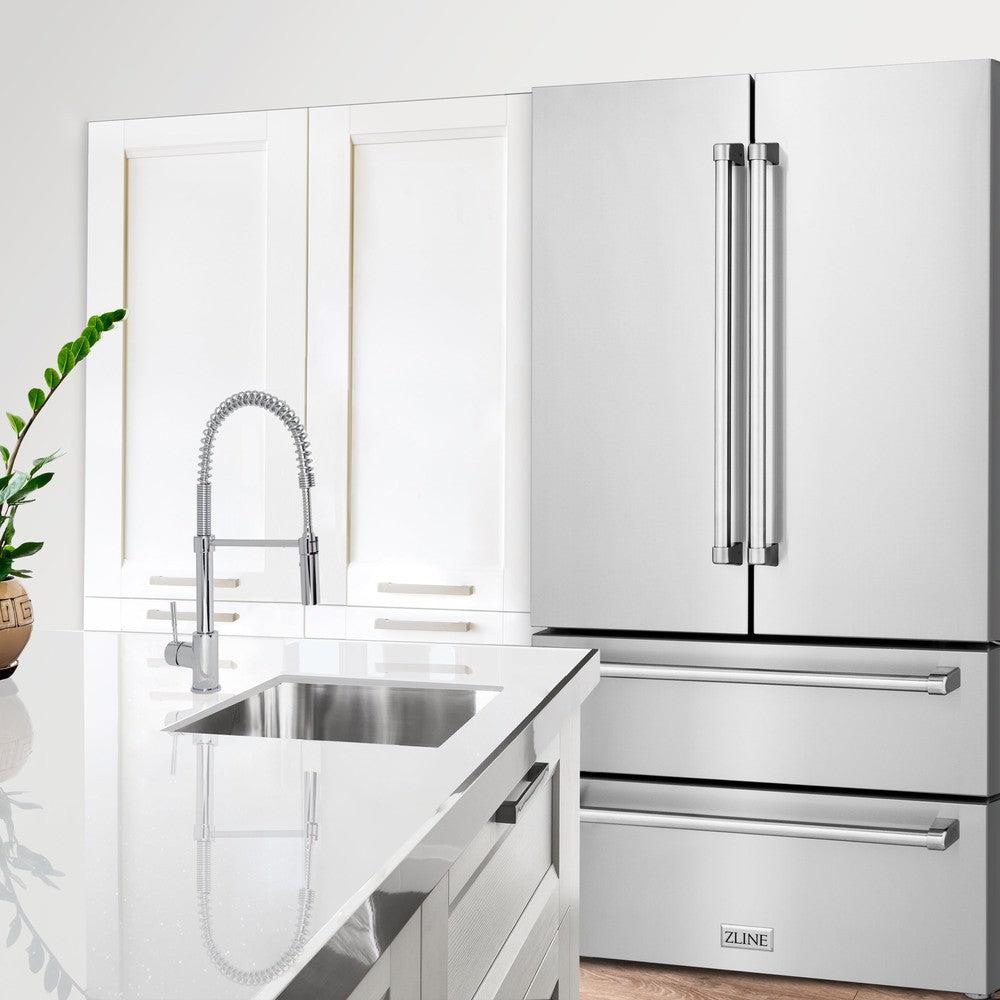 Kitchen Package with Refrigerator, 36 in. Stainless Steel Dual Fuel Range, 36 in. Convertible Vent Range Hood, 24 in. Microwave Drawer, and 24 in. Tall Tub Dishwasher 5KPRRARH36MWDWV