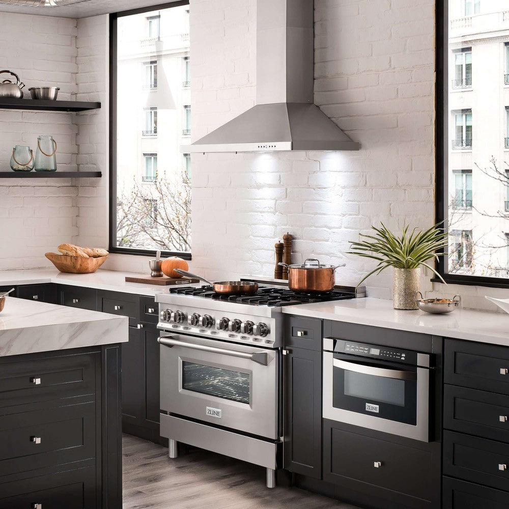 Kitchen Package with Refrigerator, 36 in. Stainless Steel Dual Fuel Range, 36 in. Convertible Vent Range Hood, 24 in. Microwave Drawer, and 24 in. Tall Tub Dishwasher 5KPRRARH36MWDWV