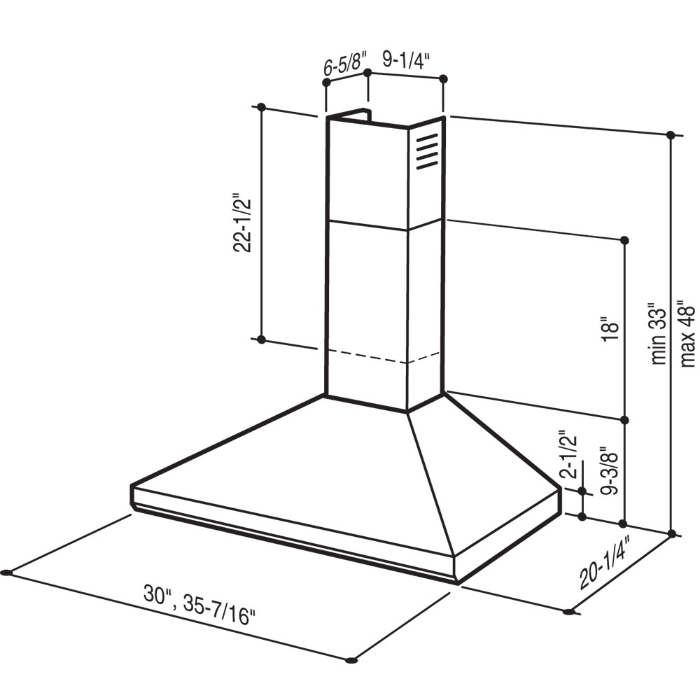 30 450 CFM Stainless Steel Chimney Hood, Internal Blower 613004