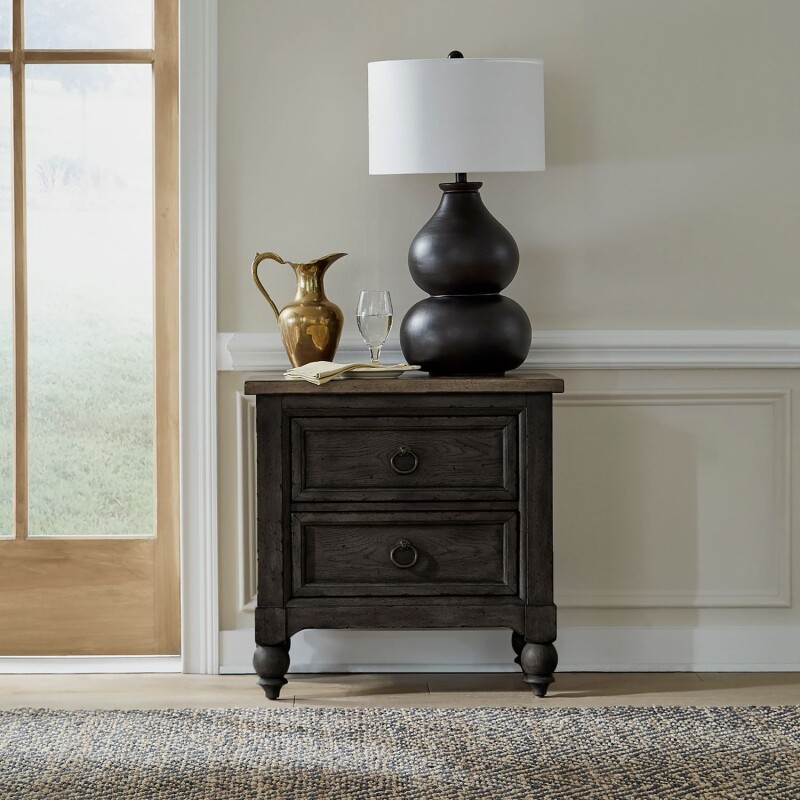 Americana Farmhouse 2 Drawer Night Stand w/ Charging Station - Black 615BR61B