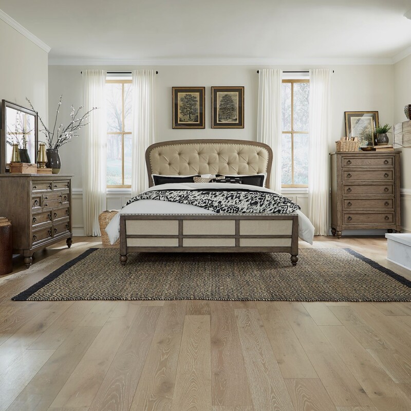 Americana Farmhouse King Shelter Bed, Dresser & Mirror, Chest 615BRKSHDMC