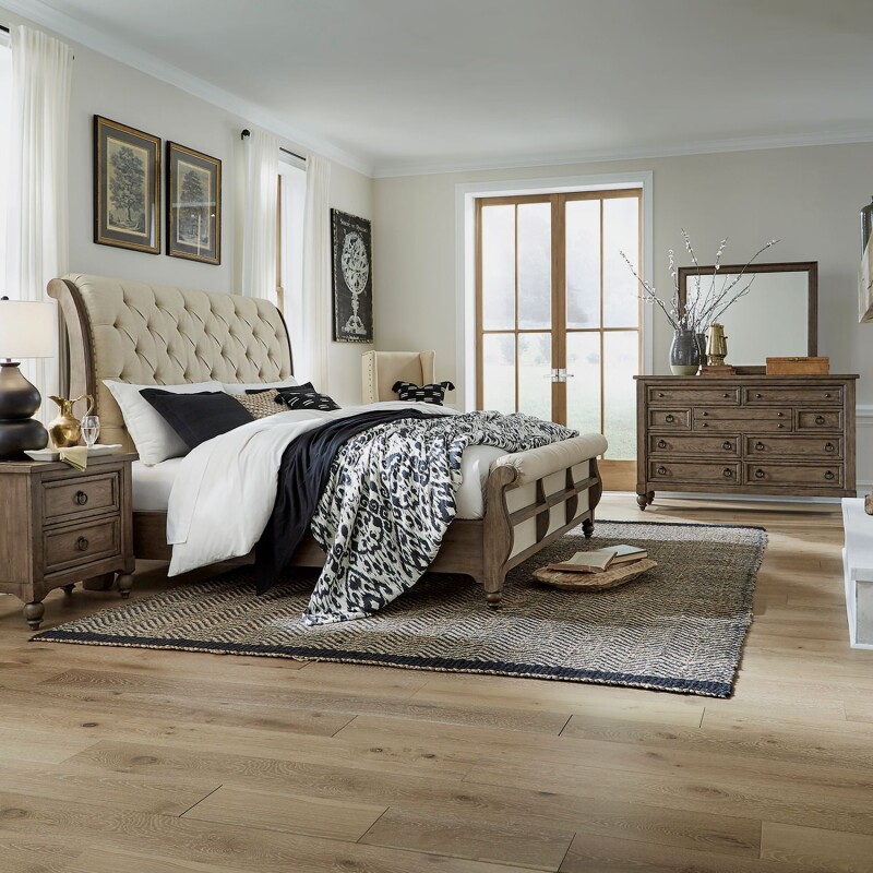 Americana Farmhouse King Sleigh Bed, Dresser & Mirror, Night Stand 615BRKSLDMN