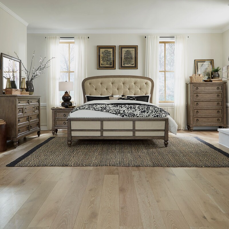 Americana Farmhouse Queen Shelter Bed, Dresser & Mirror, Chest, Night Stand 615BRQSHDMCN