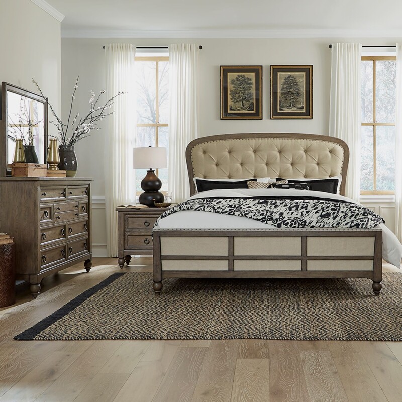 Americana Farmhouse Queen Shelter Bed, Dresser & Mirror, Night Stand 615BRQSHDMN