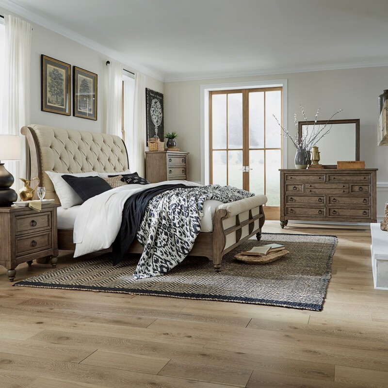 Americana Farmhouse Queen Sleigh Bed, Dresser & Mirror, Chest, Night Stand 615BRQSLDMCN