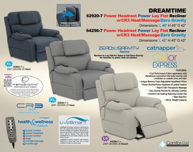 Dreamtime 2920 Power Headrest Power Lay Flat Recl w/CR3 Heat/Massage/Zero Gravity 629207
