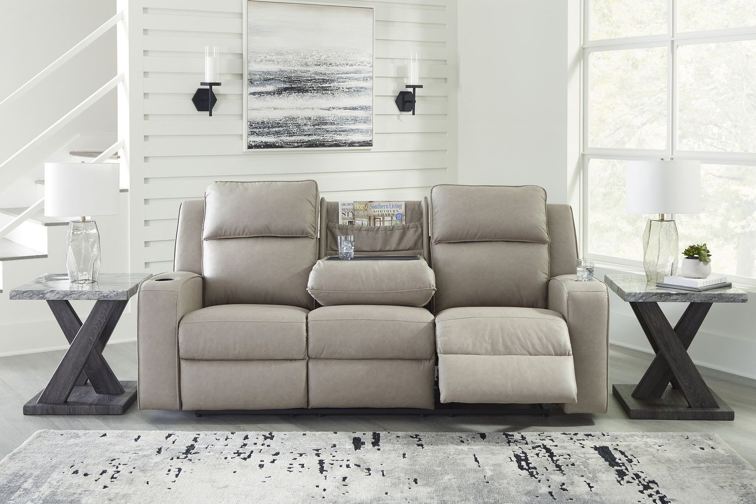 Lavenhorne Reclining Sofa With Drop Down Table In Pebble 6330789