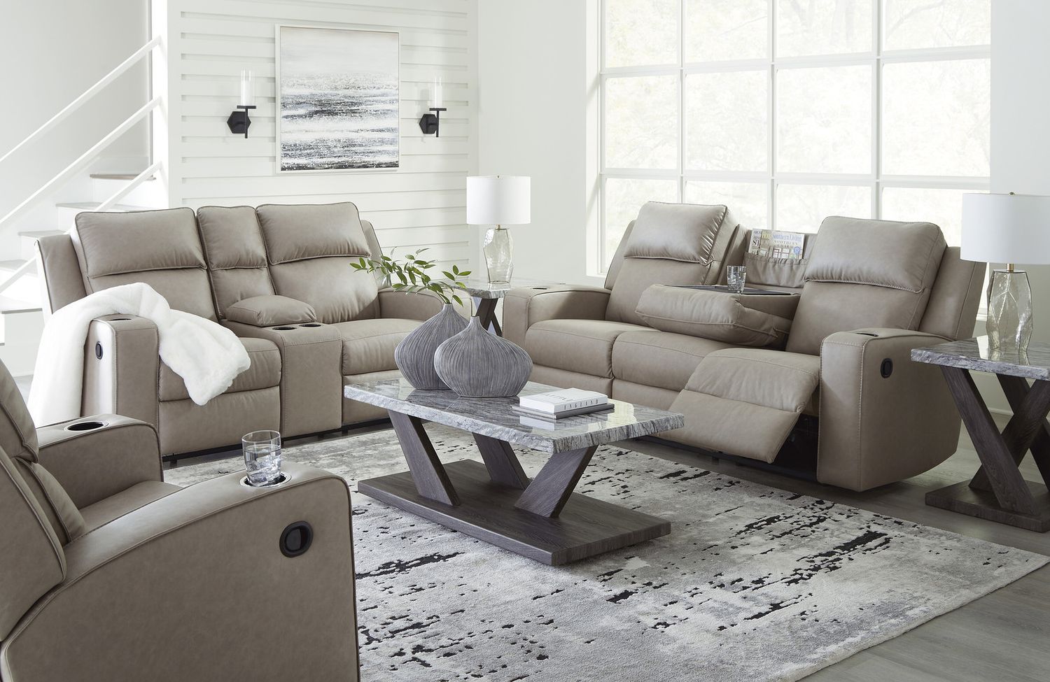 Lavenhorne Reclining Sofa With Drop Down Table In Pebble 6330789