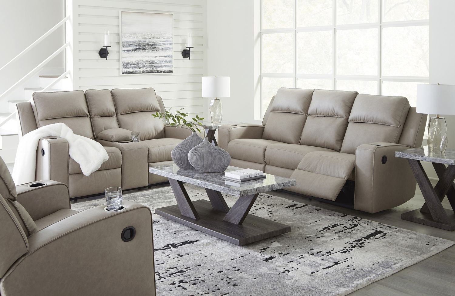 Lavenhorne Reclining Sofa With Drop Down Table In Pebble 6330789