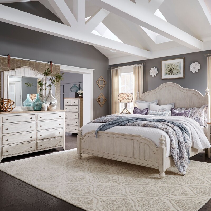 Farmhouse Reimagined King Poster Bed, Dresser & Mirror, Chest 652BRKPSDMC