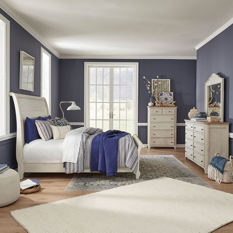 Farmhouse Reimagined King Sleigh Bed, Dresser & Mirror, Chest 652BRKSLDMC