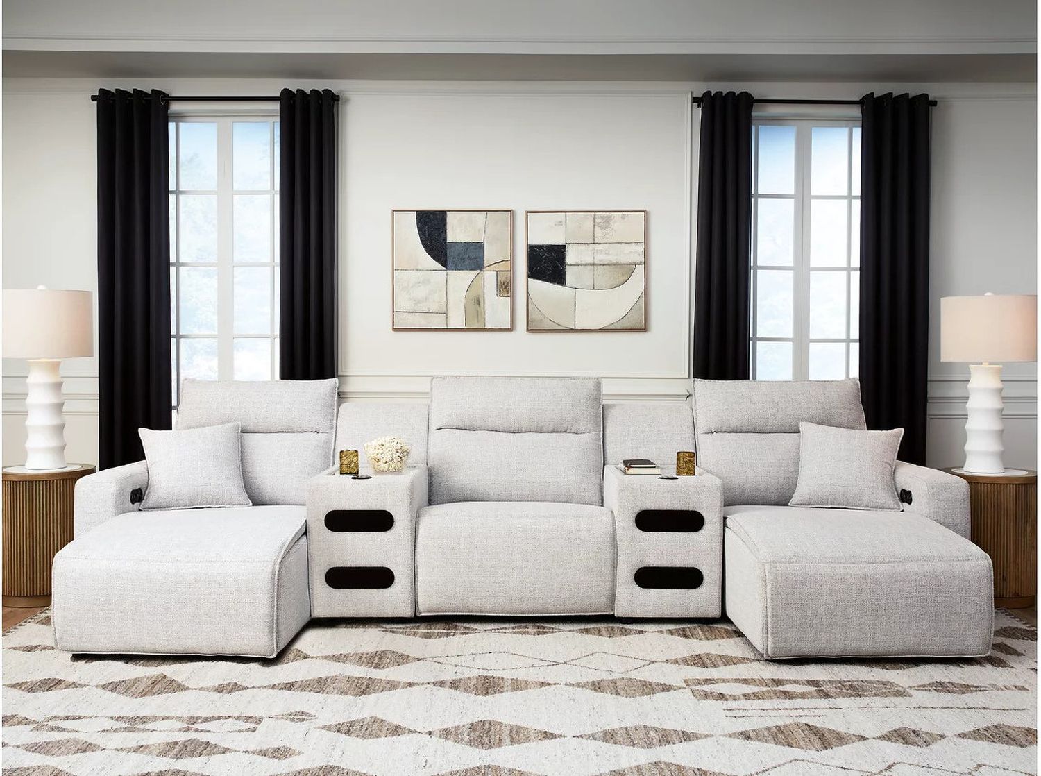 ModMax II 5-Piece Power Reclining Sectional with Chaise and Audio Consoles In Stone 65907S15