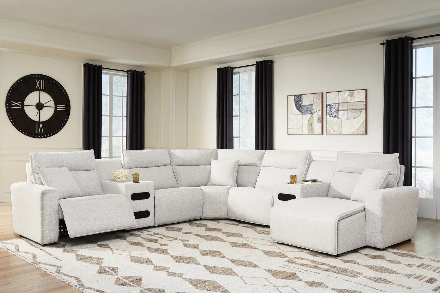 ModMax II 7-Piece Power Reclining Sectional with RAF Chaise and Audio Consoles In Stone 65907S7