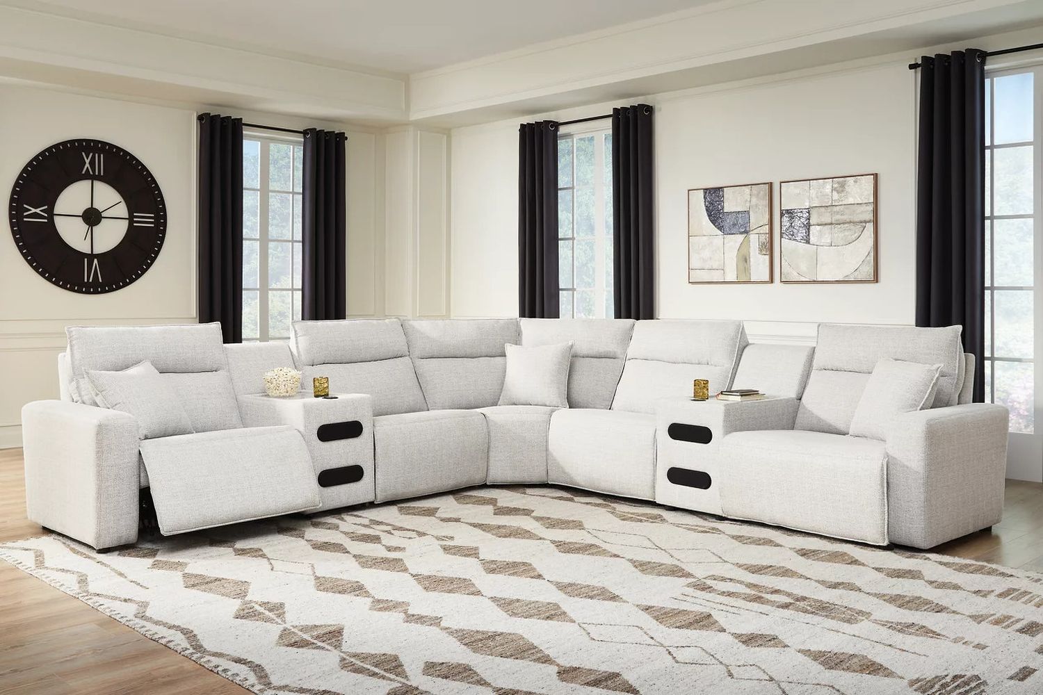 ModMax II 7-Piece Power Reclining Sectional with Chaise and Audio Consoles In Stone 65907S9