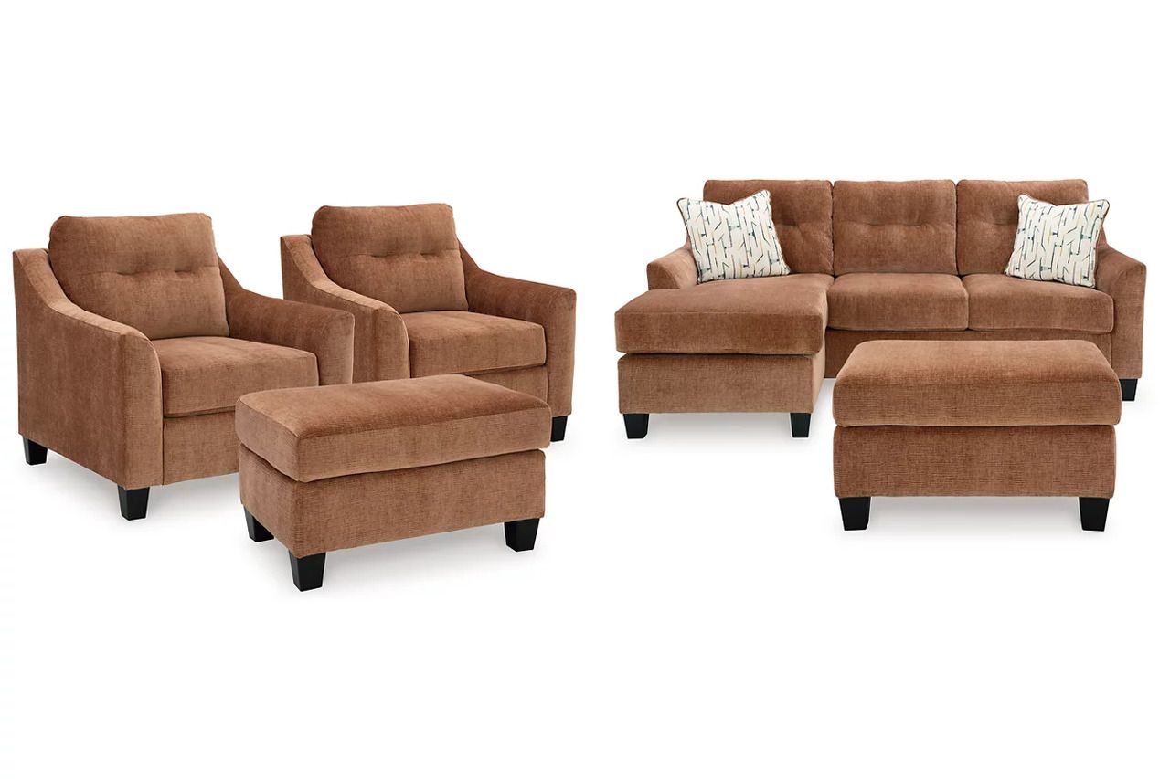 Amity Bay Sofa Chaise Sleeper with Chairs and Ottomans In Clay 67204U4