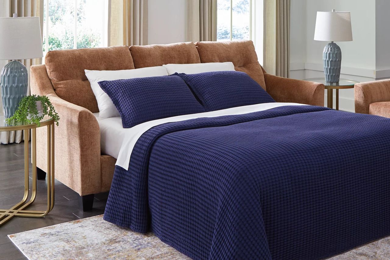 Amity Bay Sofa Chaise Sleeper with Chairs and Ottomans In Clay 67204U4