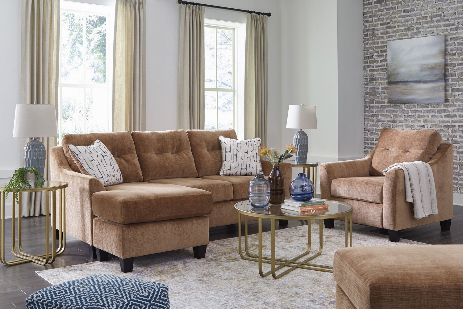 Amity Bay Sofa Chaise Sleeper with Chairs and Ottomans In Clay 67204U4