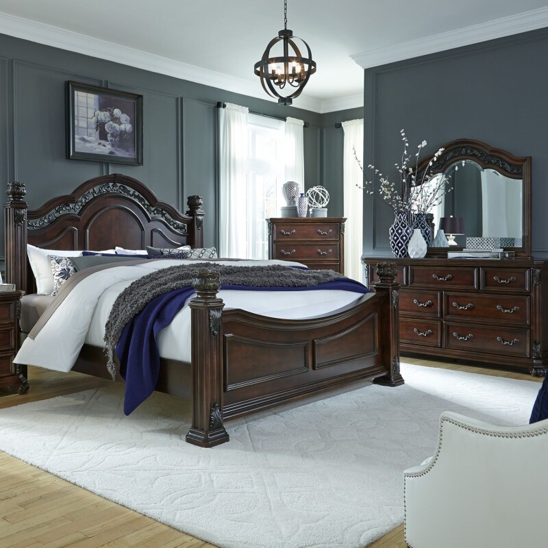 Messina Estates King Poster Bed, Dresser & Mirror, Chest 737BRKPSDMC