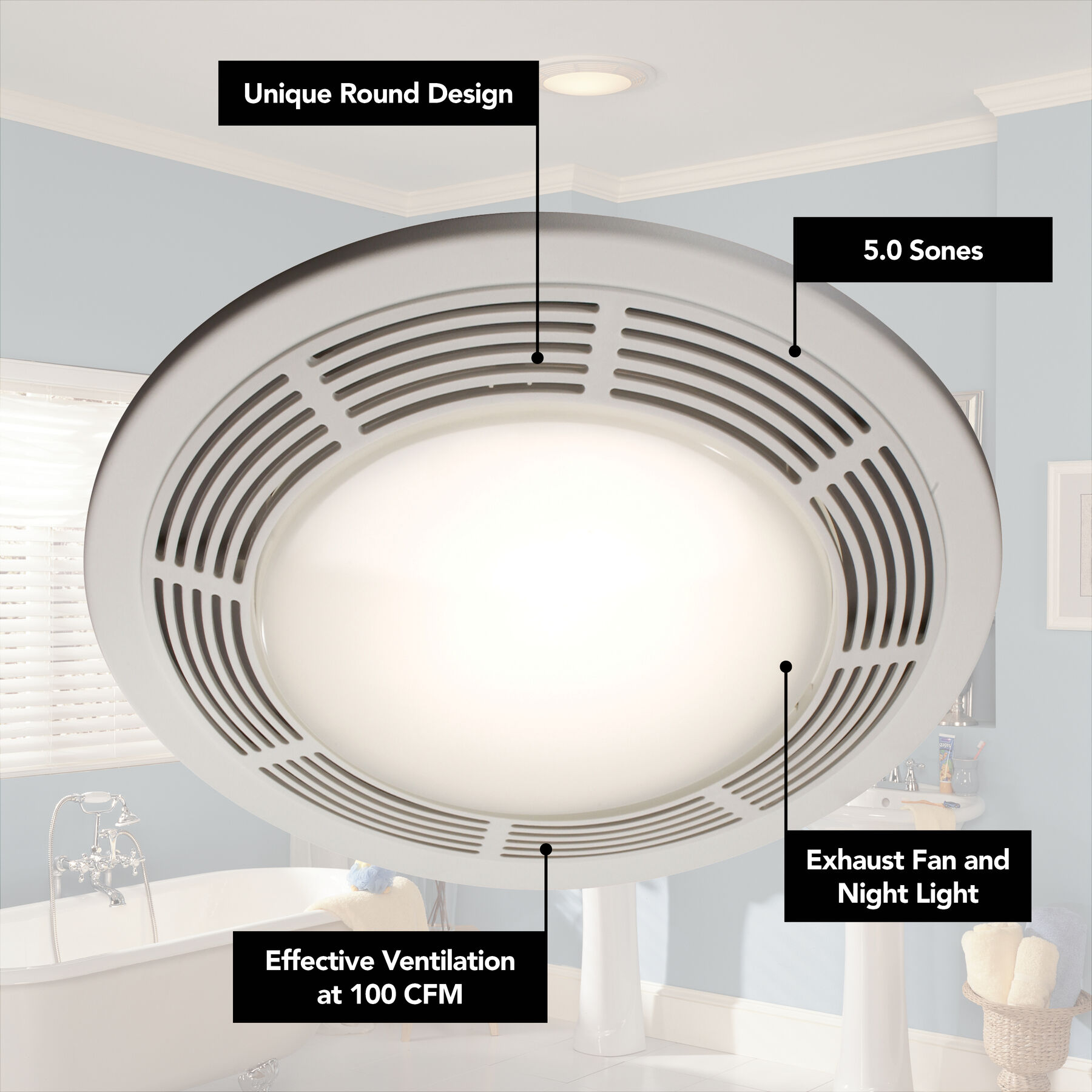 Ventilation Fan w/ Light and Night Light, Round with Glass Lens, 100 CFM 750