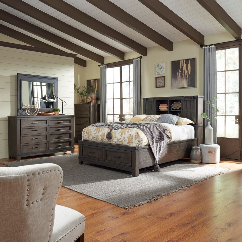 Thornwood Hills Queen Bookcase Bed, Dresser & Mirror, Chest 759BRQBBDMC