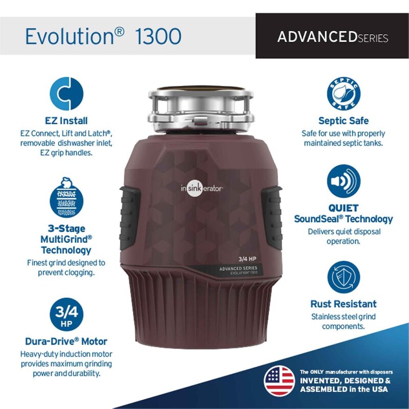 Evolution 1300, 3/4 HP Garbage Disposal, Advanced Series EZ Connect Continuous Feed Food Waste Disposer 79970ISE