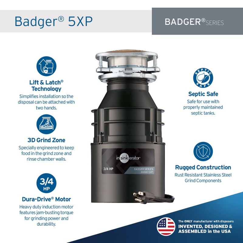 Badger 5XP Garbage Disposal with Cord, 3/4 HP 80927A