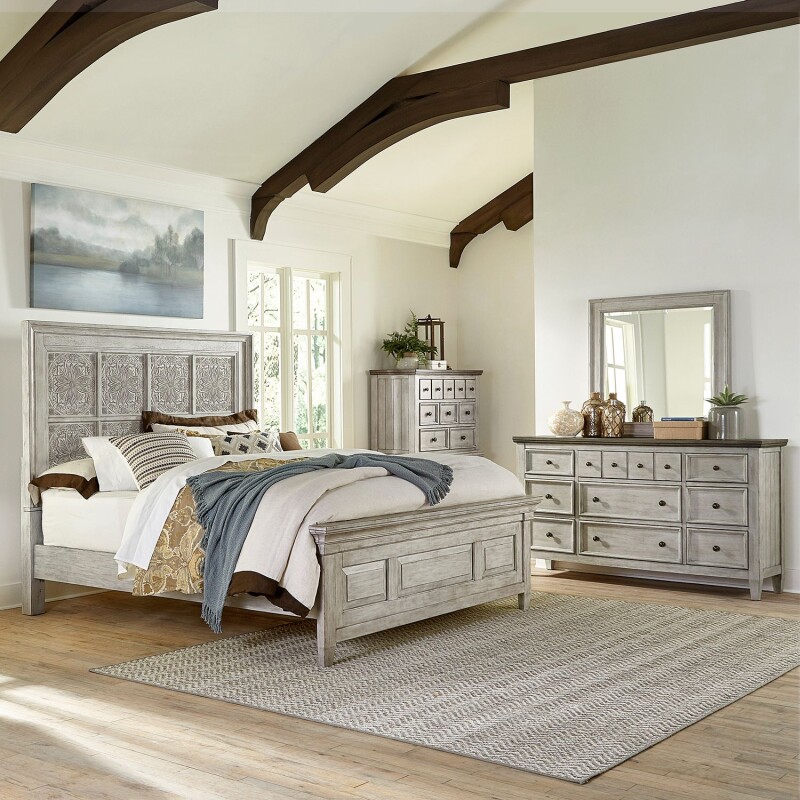 Heartland Opt Queen Panel Bed, Dresser & Mirror, Chest 824BROQPBDMC