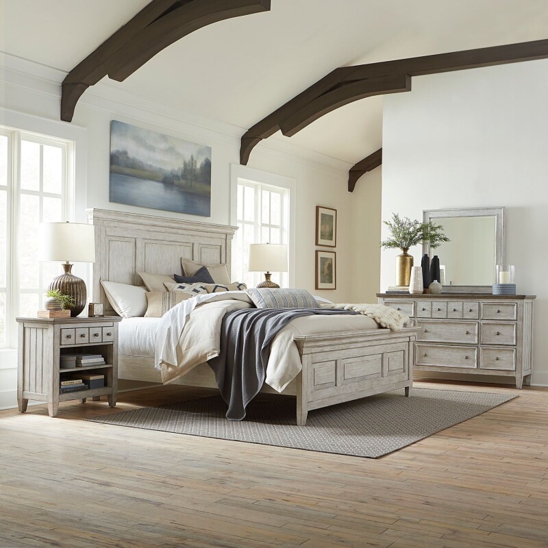 Heartland Queen Panel Bed, Dresser & Mirror, Night Stand 824BRQPBDMN