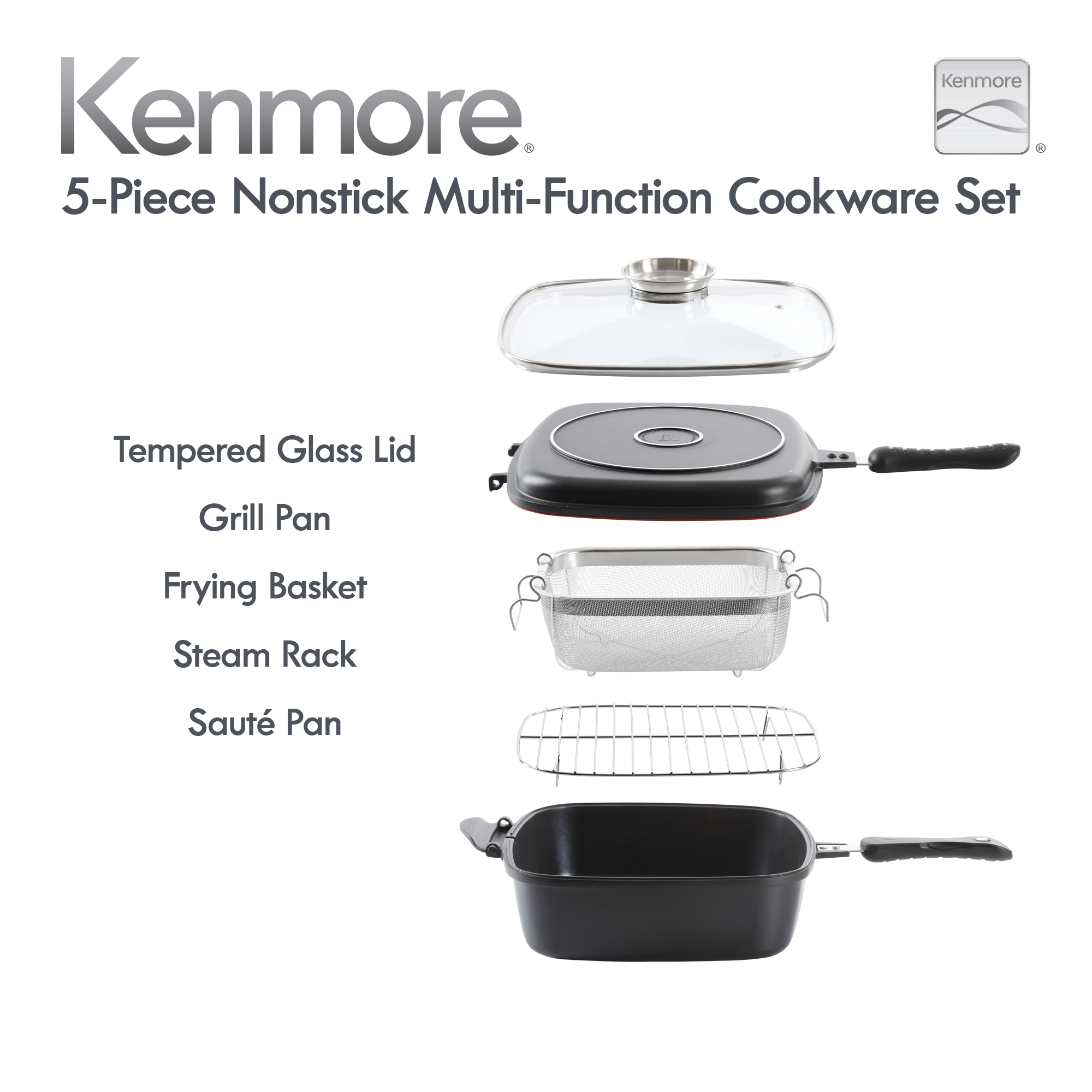 Wyatt Aluminum Stackable Multi-function Nonstick Cookware Set, 5-piece, Handle with Magnet, Black 8266105