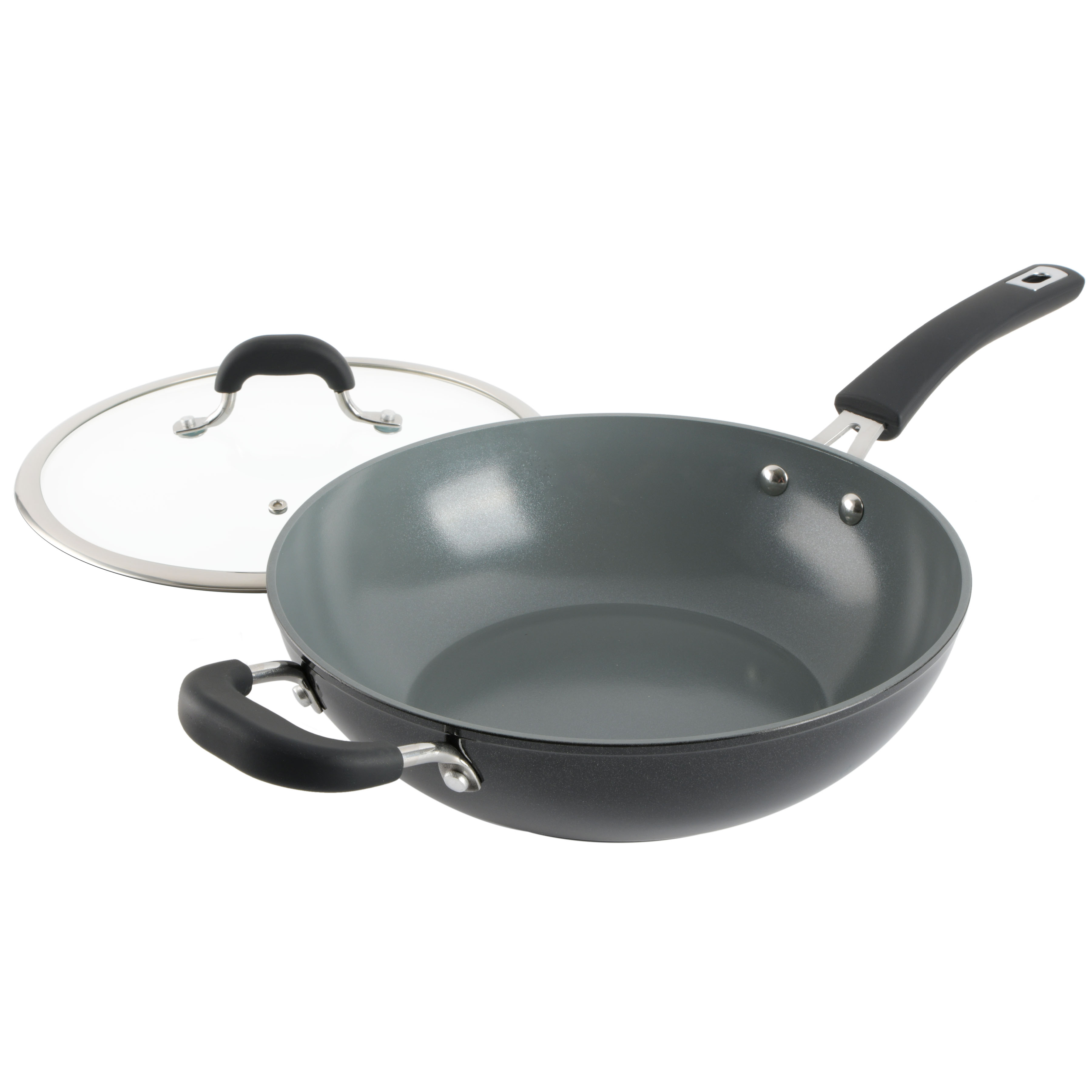 Arlington Black Diamond Aluminum Wok with Lid, 11-inch, Black Diamond/Grey Ceramic, Soft Touch Bakelite Handle 8291002