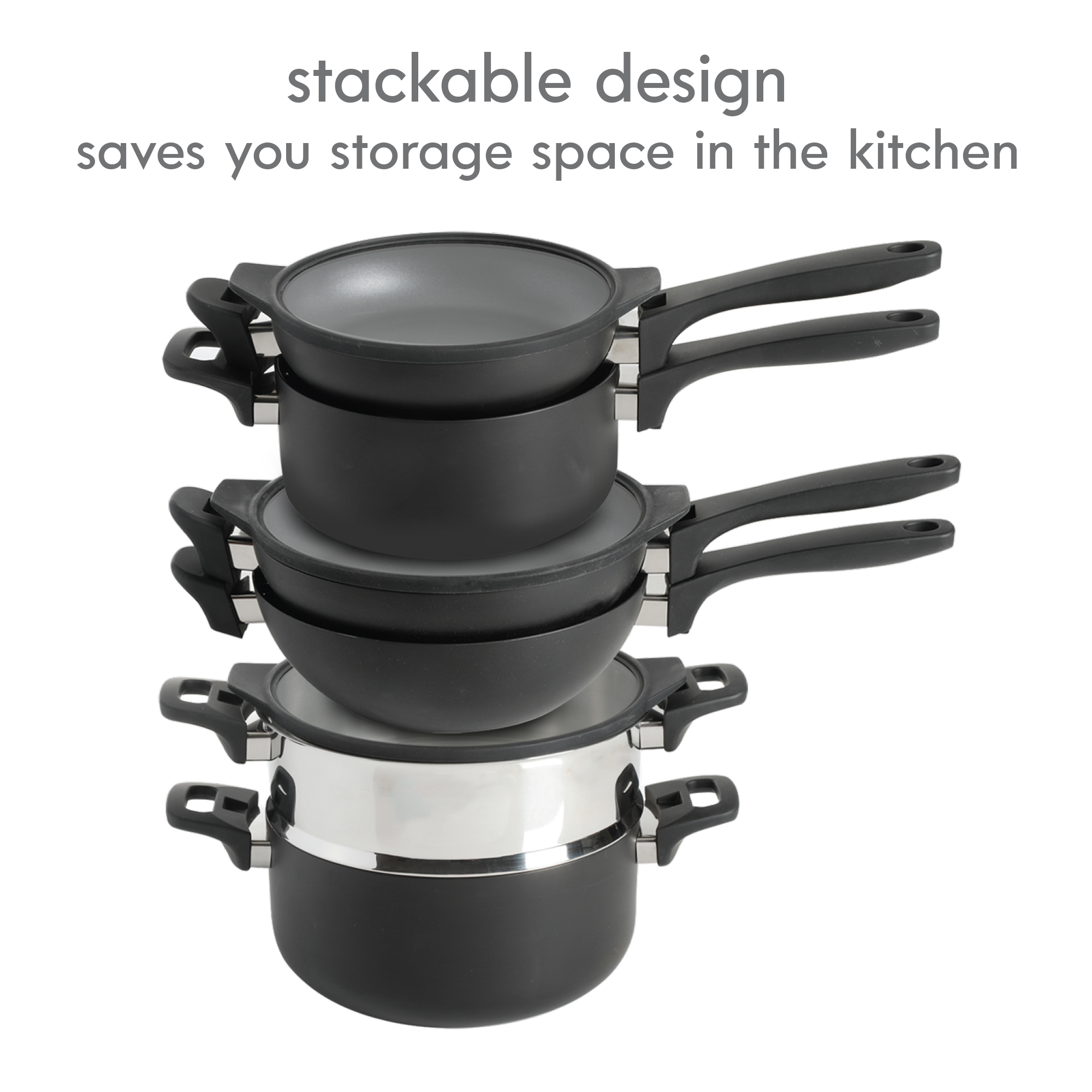Grayson Stackable Nonstick Aluminum Cookware Set, 9-piece, Soft Touch Bakelite Handle, Black 8291209