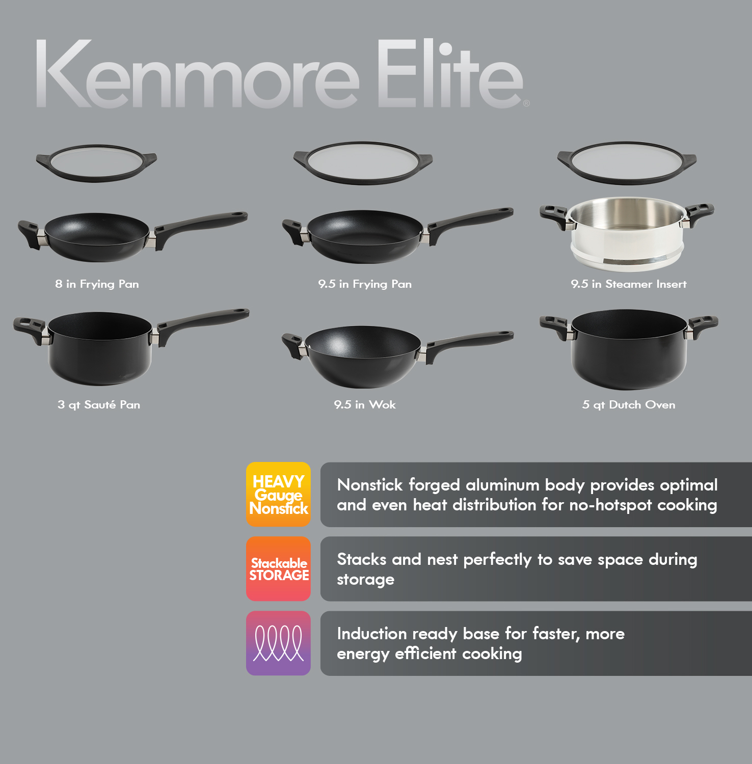 Grayson Stackable Nonstick Aluminum Cookware Set, 9-piece, Soft Touch Bakelite Handle, Black 8291209
