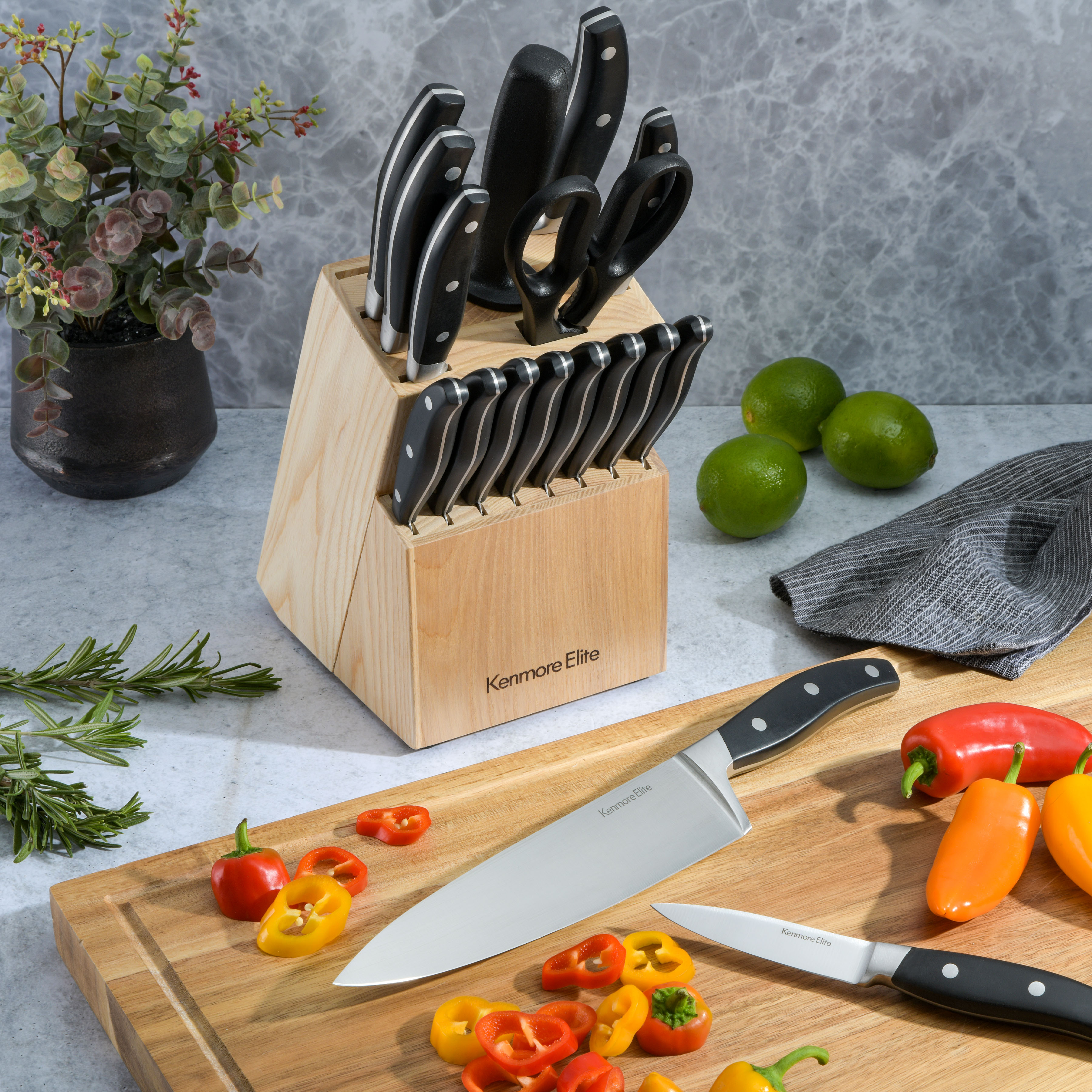 Elite Lucas Forged Stainless Steel Cutlery Knife Block Set, 18-Piece, Black 8291318