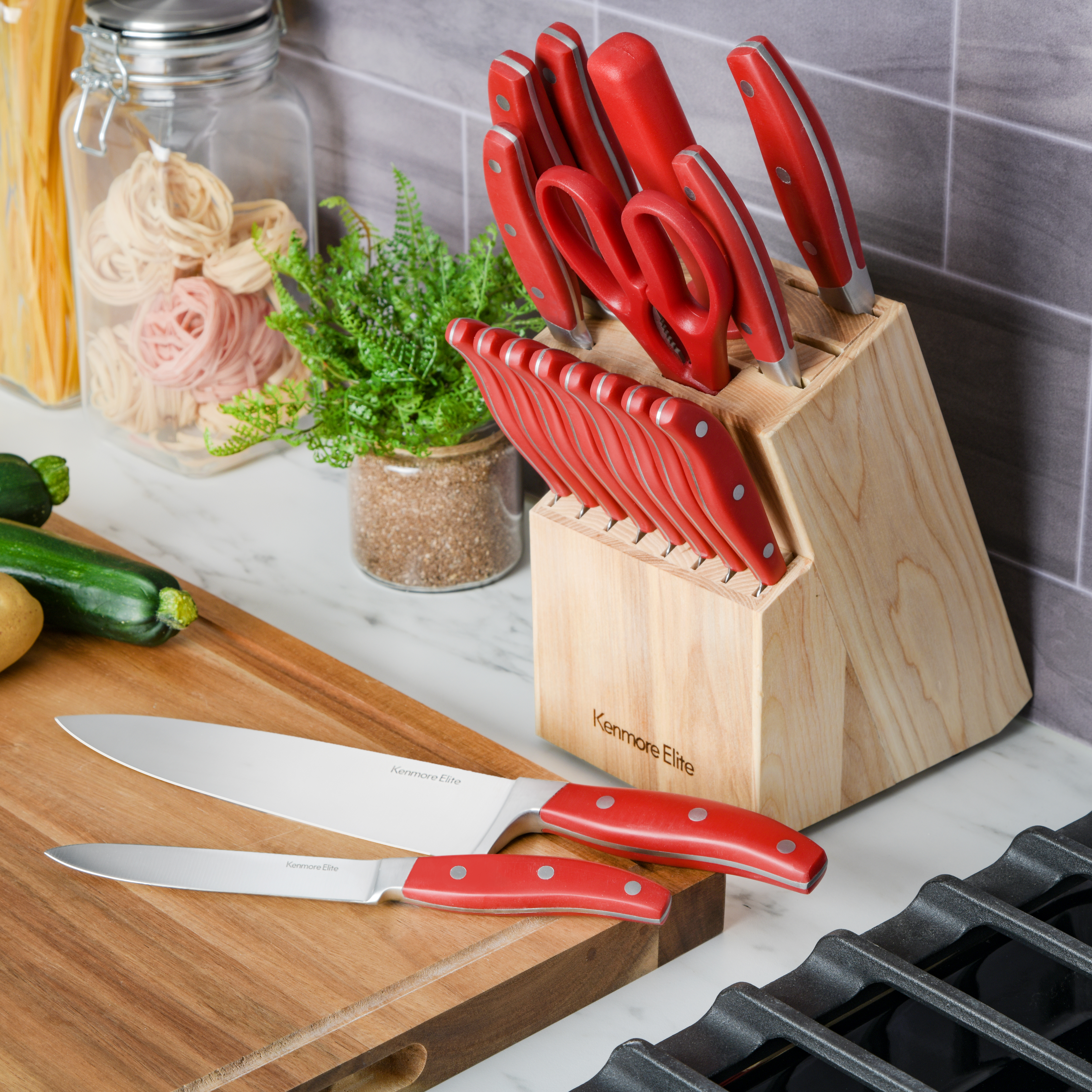 Elite Lucas Forged Stainless Steel Kitchen Cutlery Knife Block Set, 18-Piece, Red/Ashwood (Block) 8291418