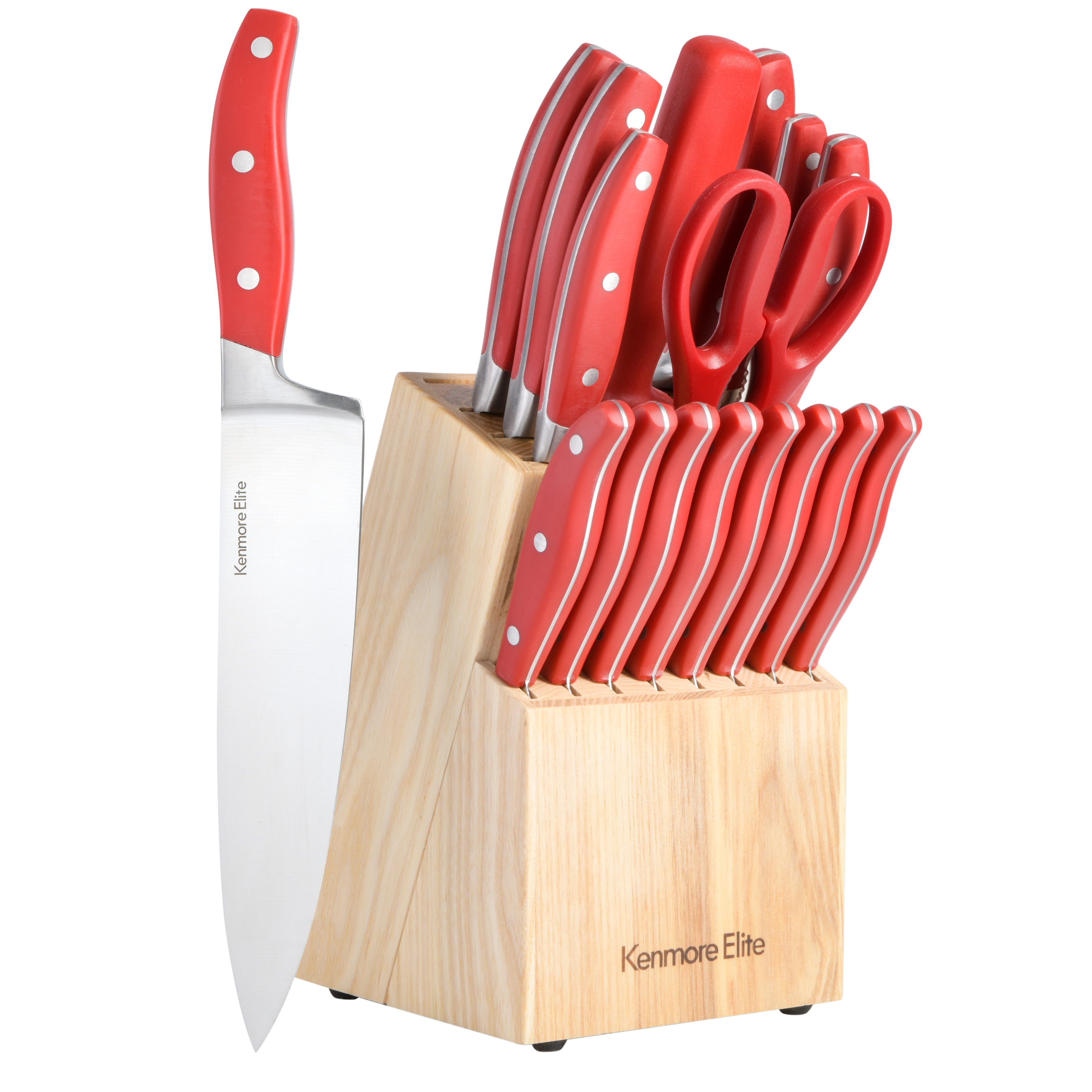 Elite Lucas Forged Stainless Steel Kitchen Cutlery Knife Block Set, 18-Piece, Red/Ashwood (Block) 8291418