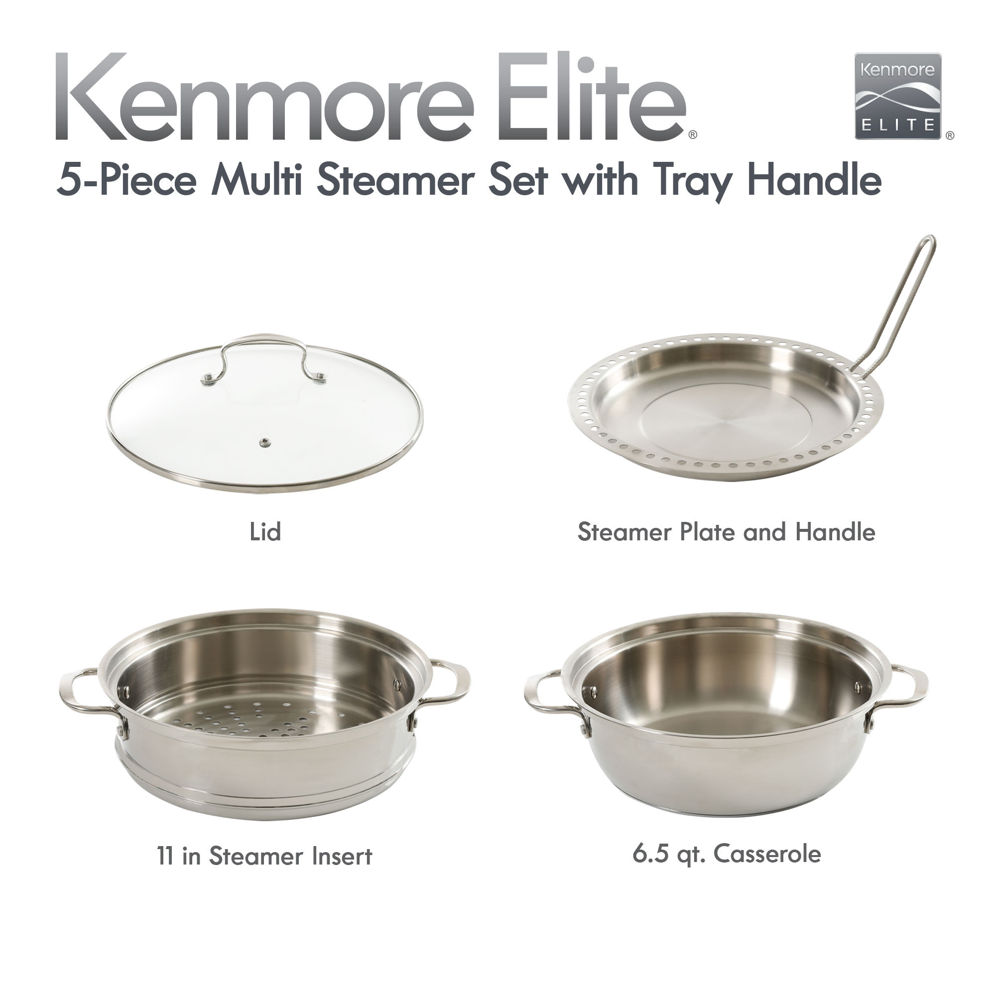Elite Devon Stainless Steel Multi-steamer Set with Tongs, 5-piece, Mirror Polish Stainless Steel 8292205