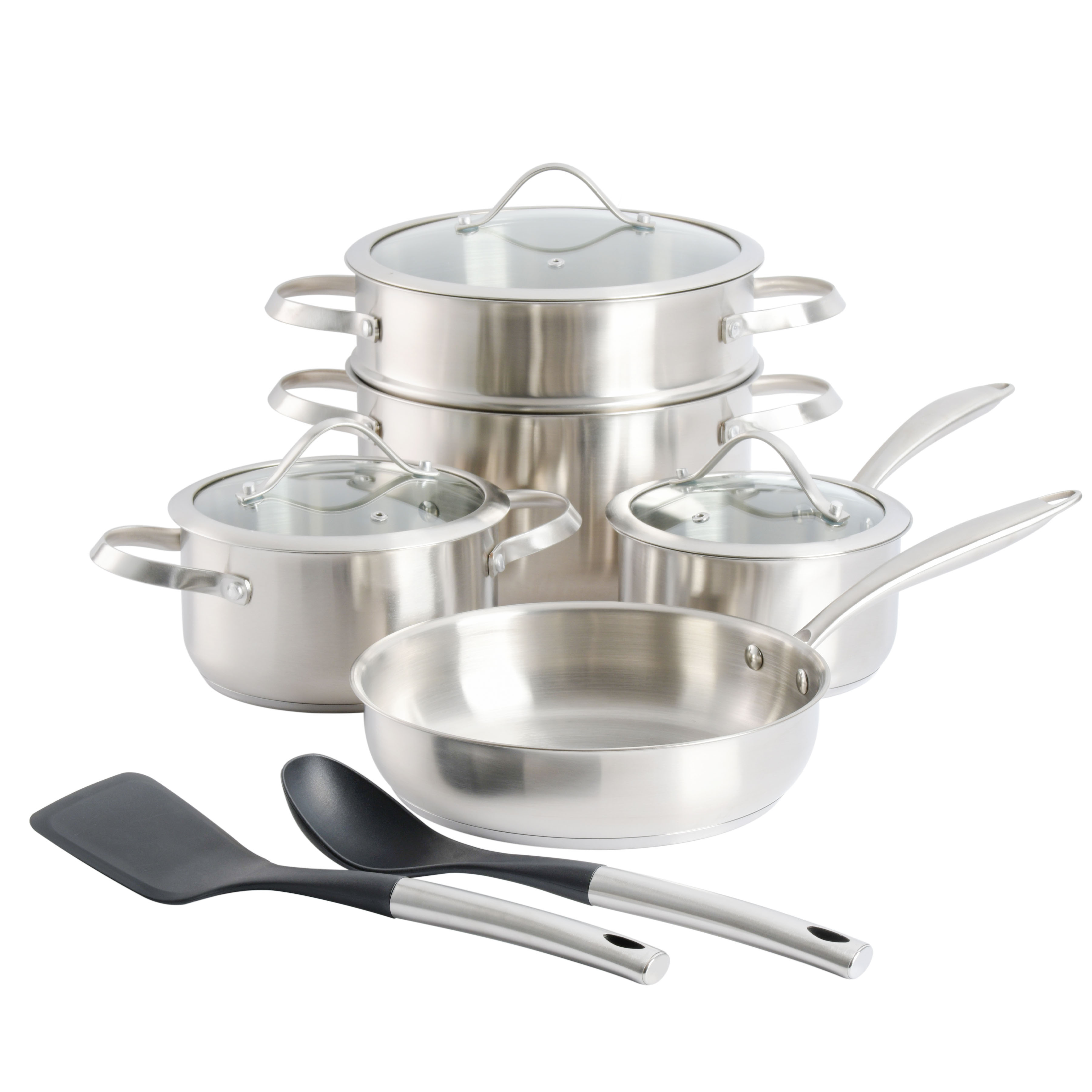 Aiden Stainless Steel Cookware Set with Kitchen Tools, 10-piece, Brushed Stainless Steel 829241