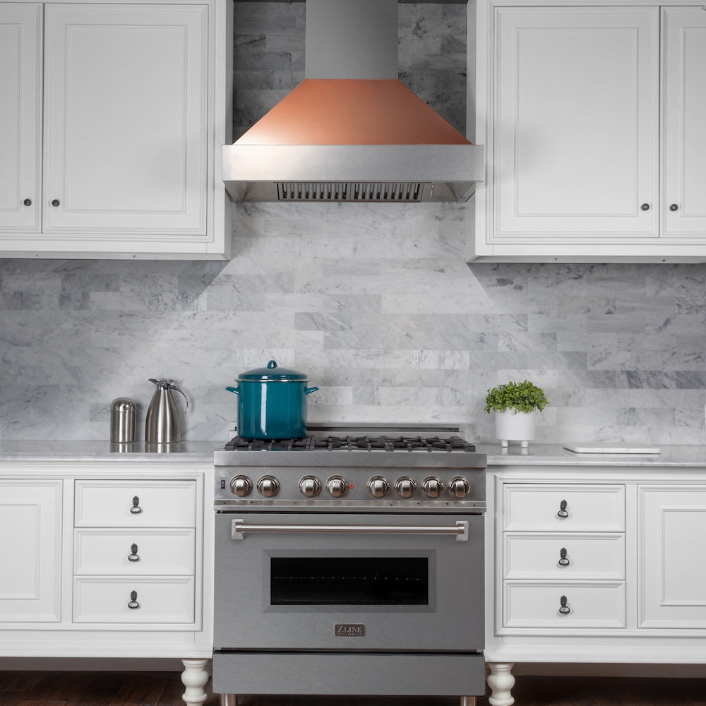 30 In. Ducted Satin Stainless Steel Wall Mount Range Hood With Copper Shell 8654C30